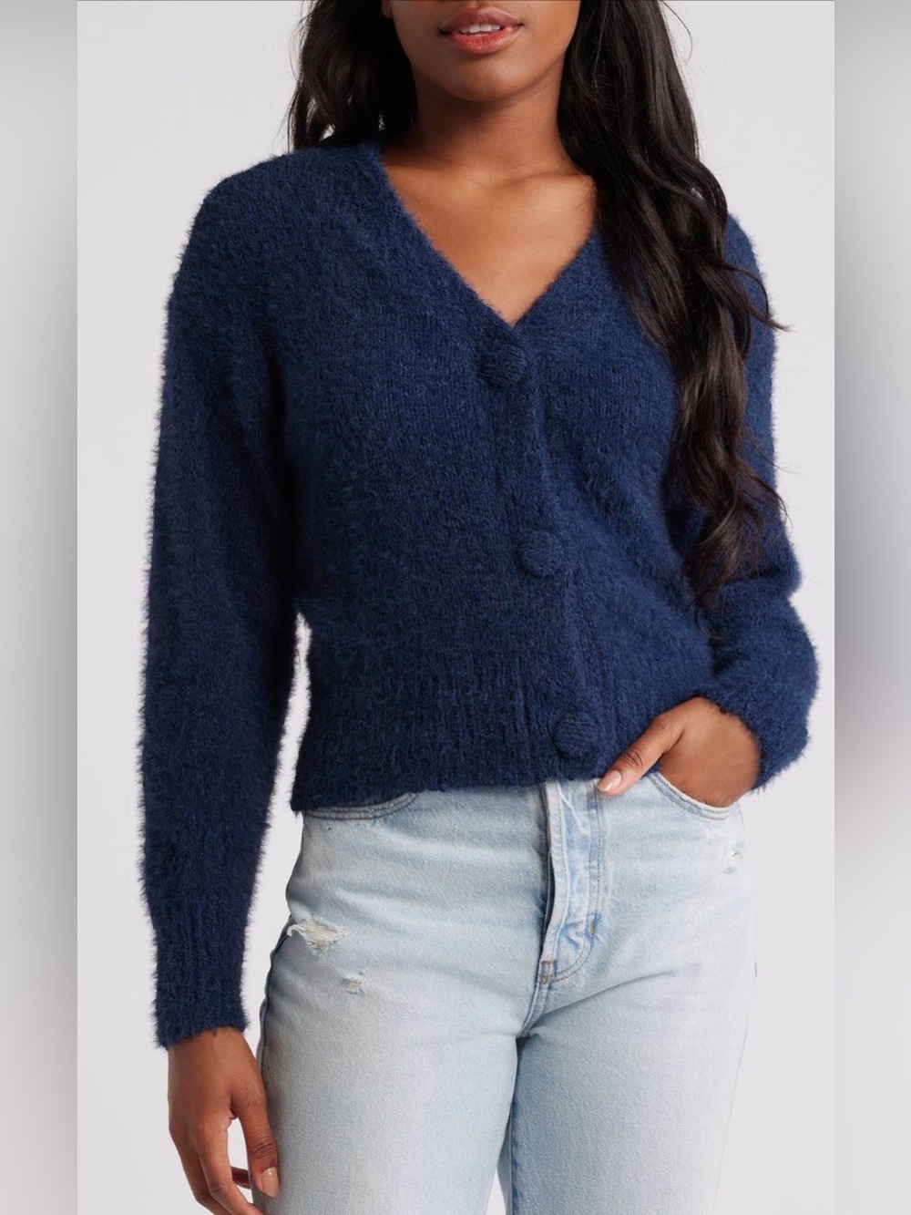 NEW…All In Favor Cozy Fuzzy V-Neck Button Cardigan Sweater (One Button Missing)
